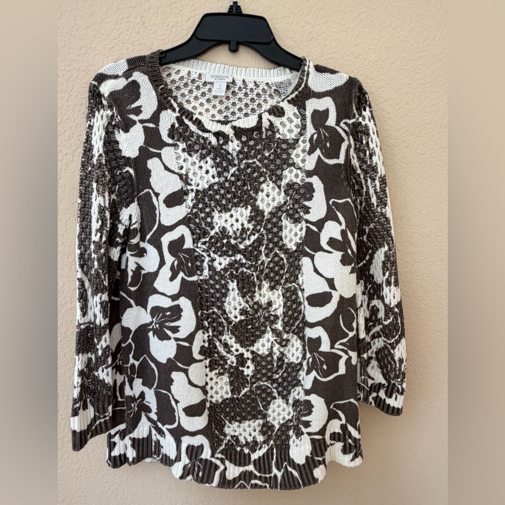 Chico's Brown and White Floral Open-Knit Tunic